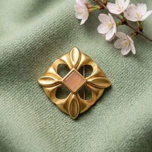 Vintage Signed JW Gold Tone Openwork Floral Square Brooch with Peach Center